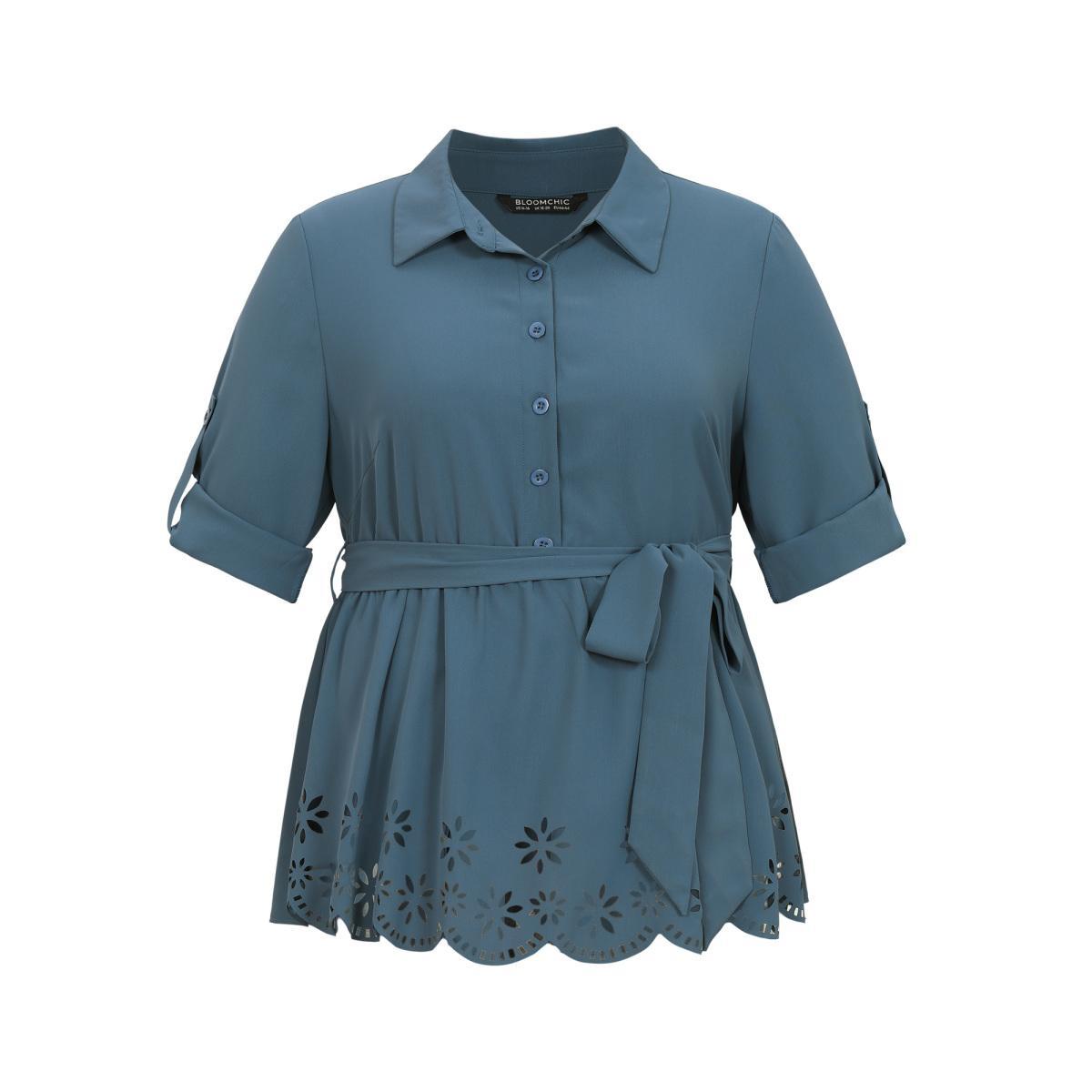 Plus Size Stone Static-Free Laser Cut Belted Scalloped Trim Blouse Women Office Long Sleeve Shirt collar Work Blouses BloomChic 12/L Product Image