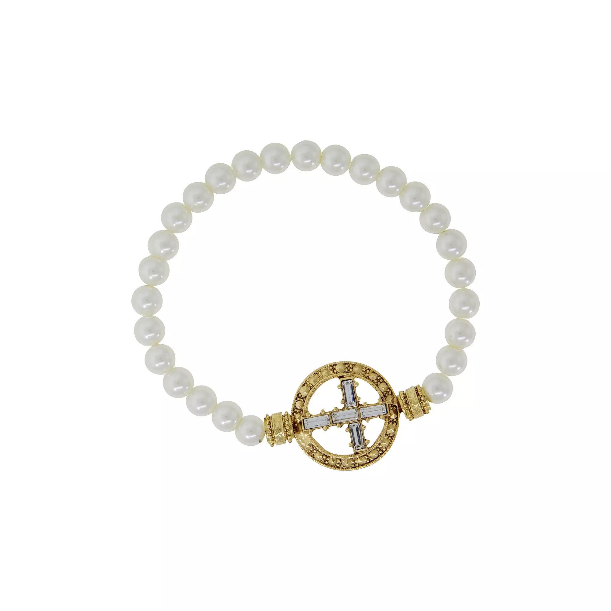Symbols of Faith Gold Tone Crystal Cross Faux Pearl Stretch Bracelet, Womens, Silver Tone White Product Image