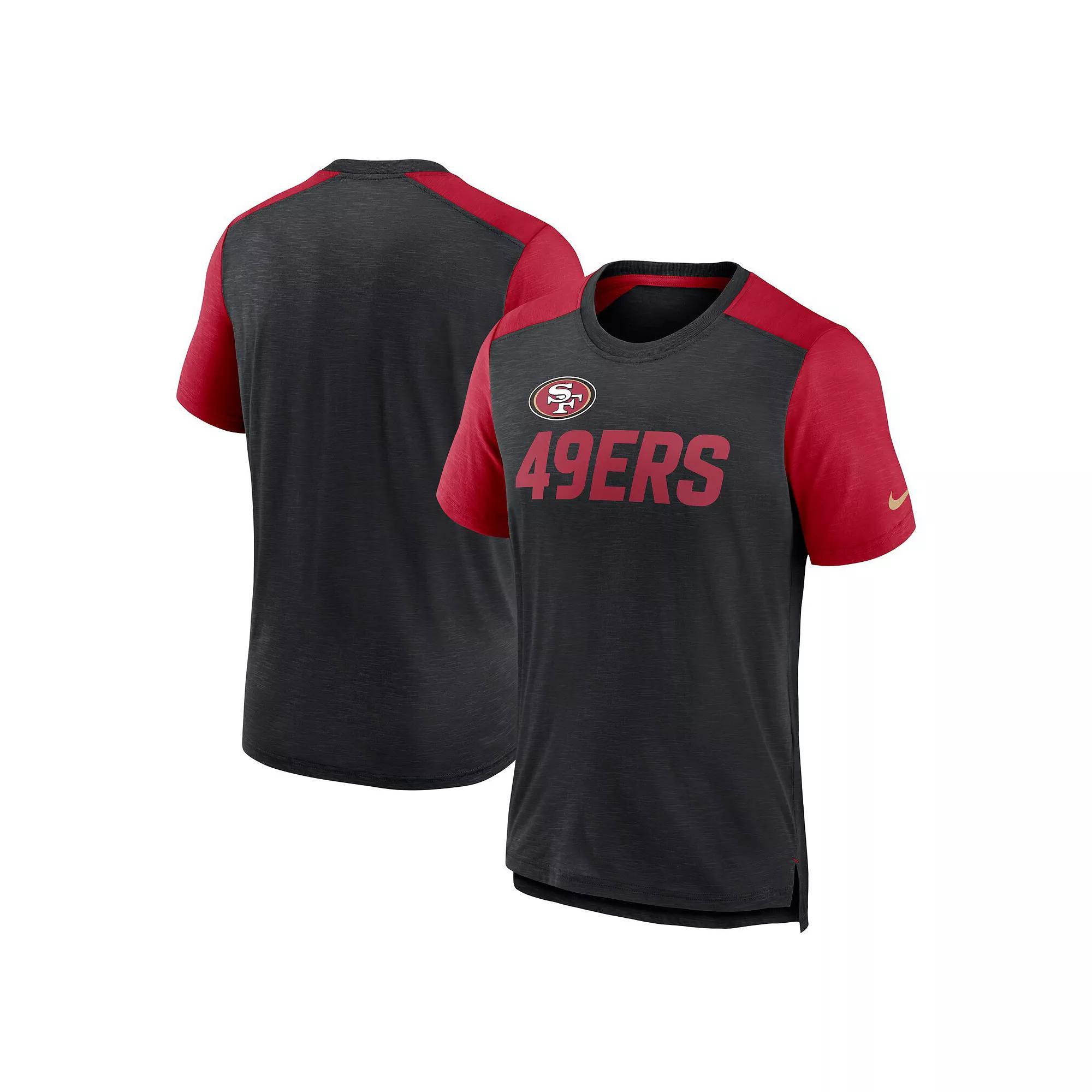 Men's Nike Heathered Black/Heathered Scarlet San Francisco 49ers Color Block Team Name T-Shirt, Size: Small, Charco Product Image