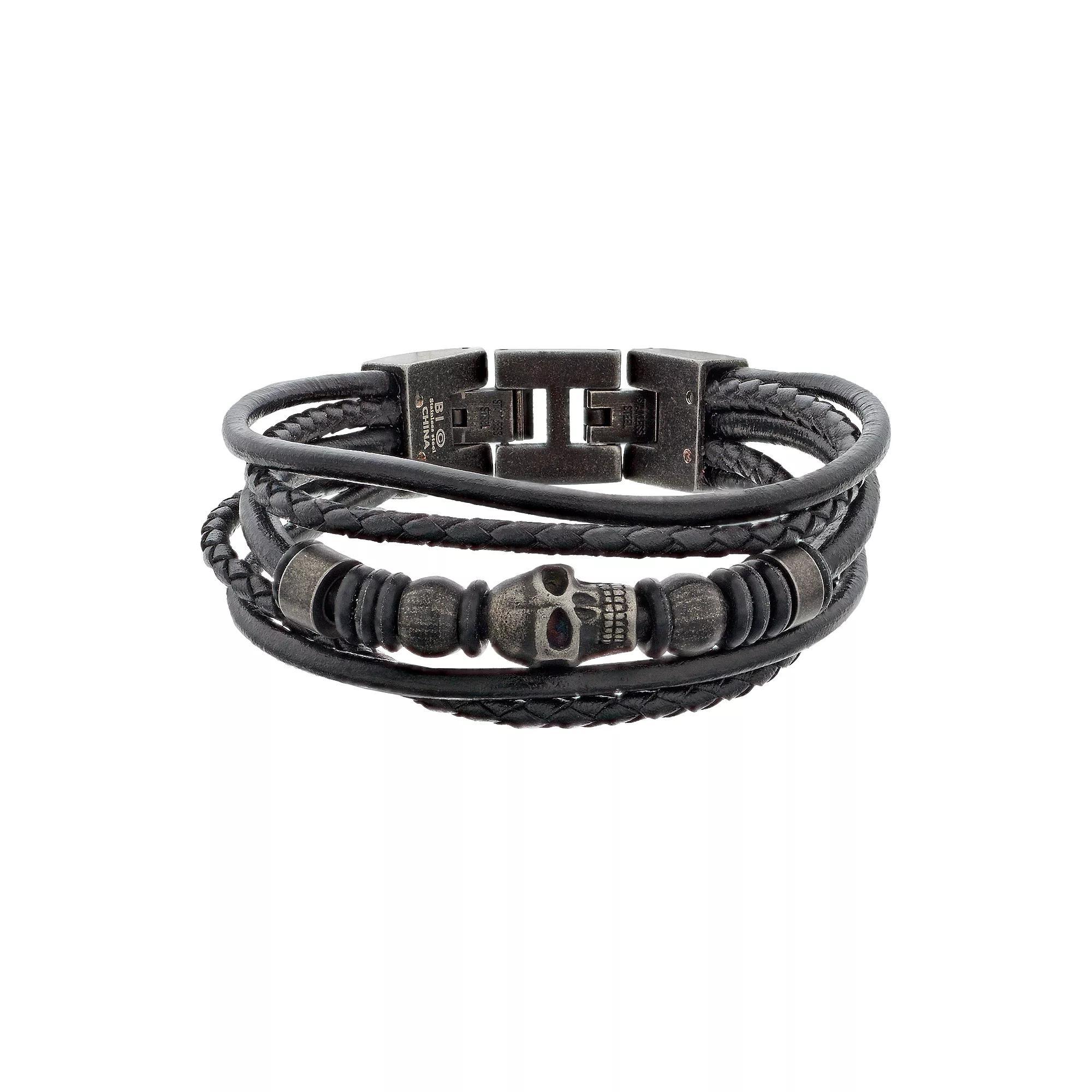 LYNX Men's Black Leather Multistrand Bracelet, Women's, Silver Product Image