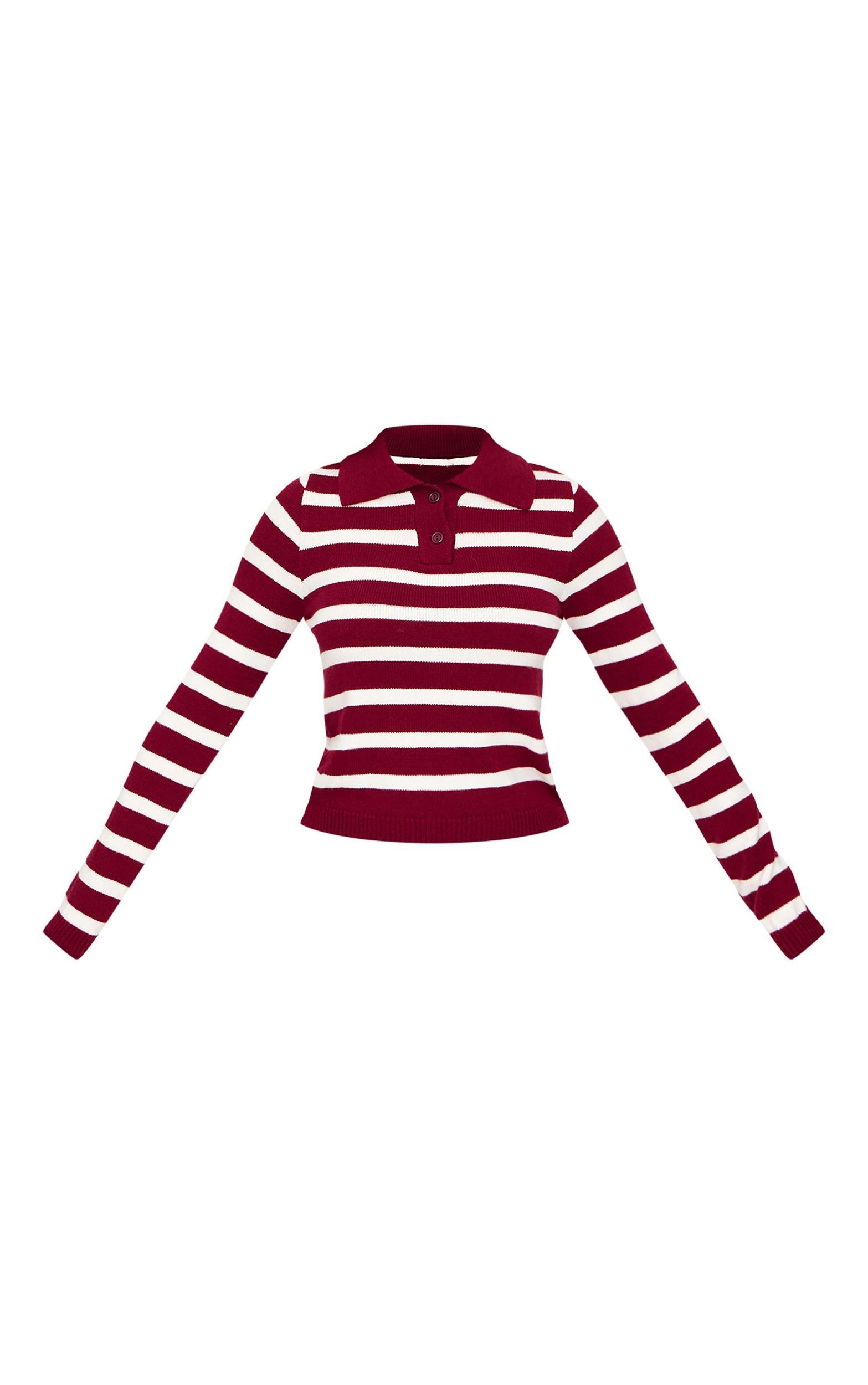 Petite Burgundy Knitted Stripe Collar Detail Long Sleeve Top Product Image