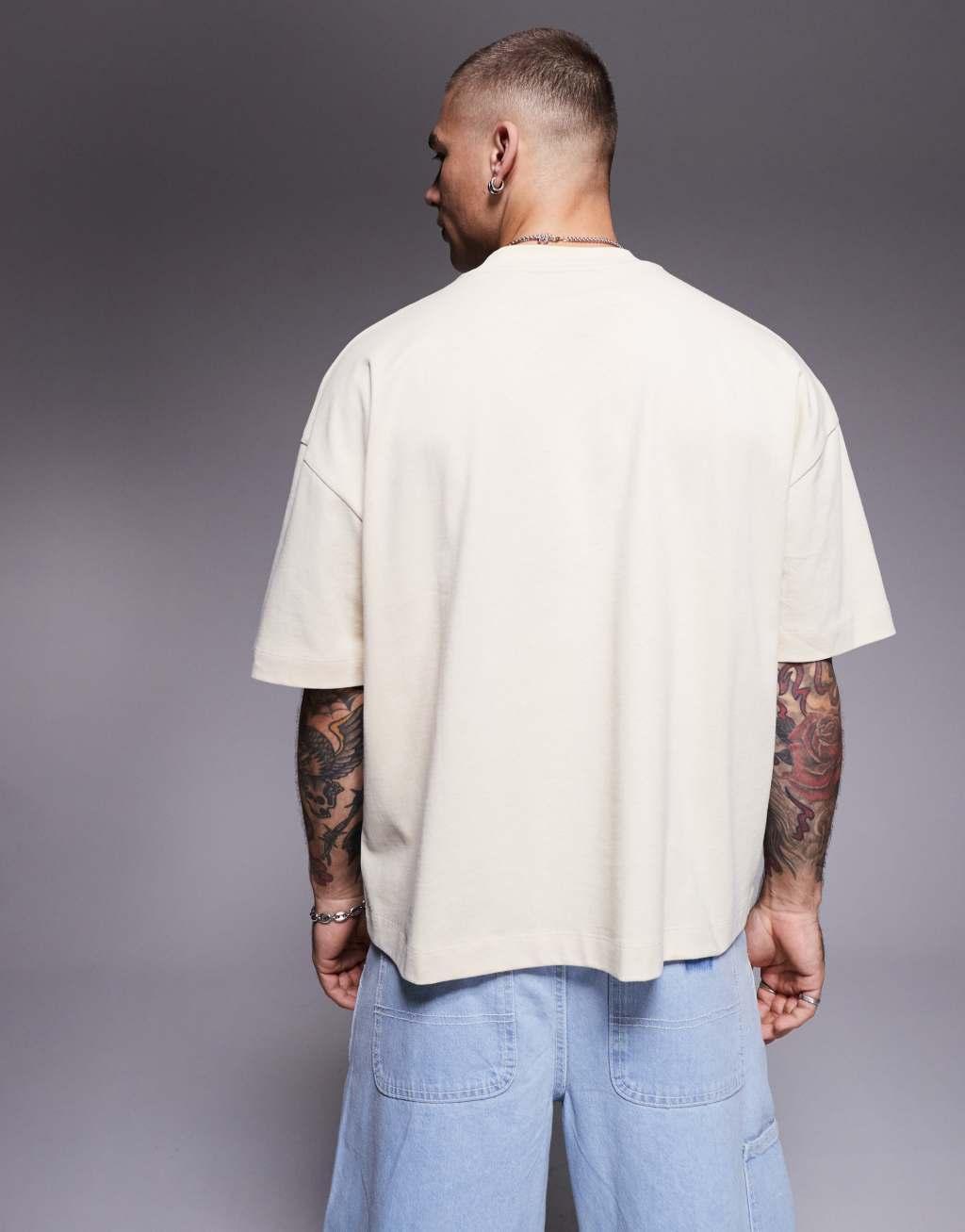 ASOS DESIGN heavyweight oversized boxy drop shoulder T-shirt in cream Product Image