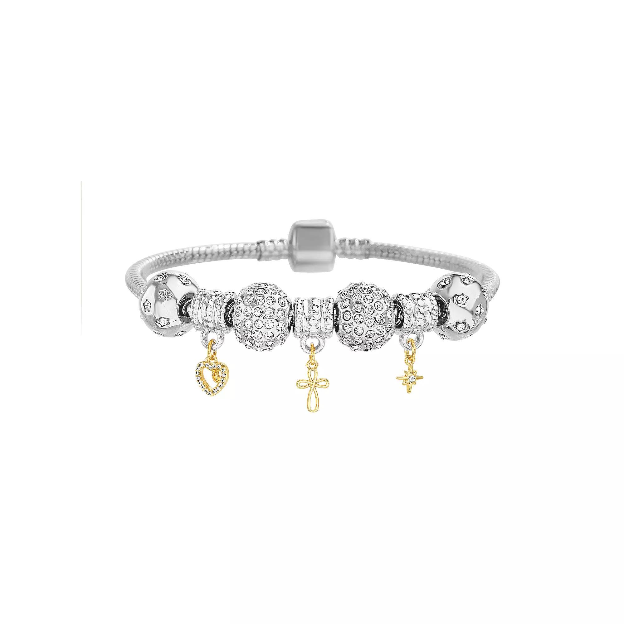 Guided by Faith Beaded Snake Chain Charm Bracelet with Heart, Cross & Starburst Charms, Womens Two Tone Product Image