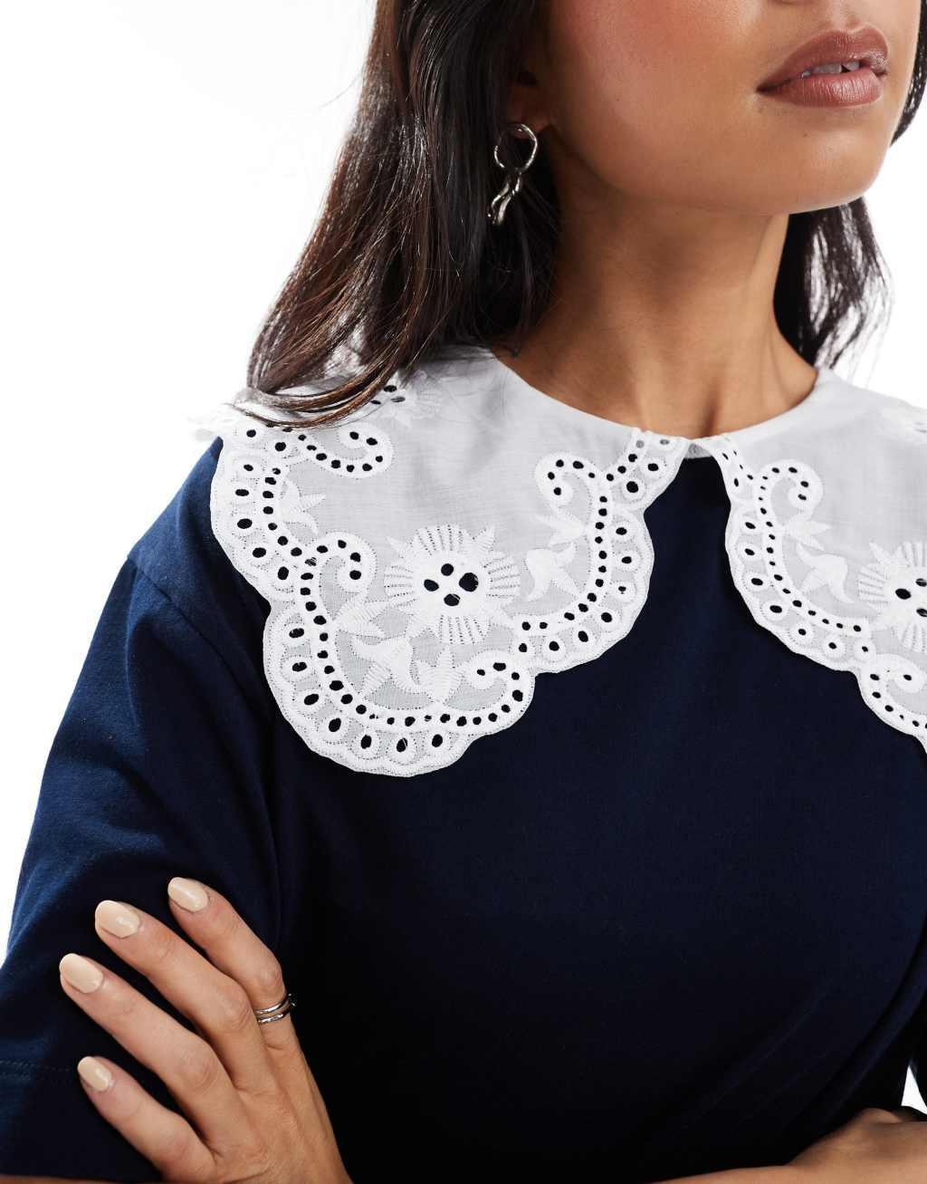 Miss Selfridge lace trim sailor collar T-shirt in navy Product Image