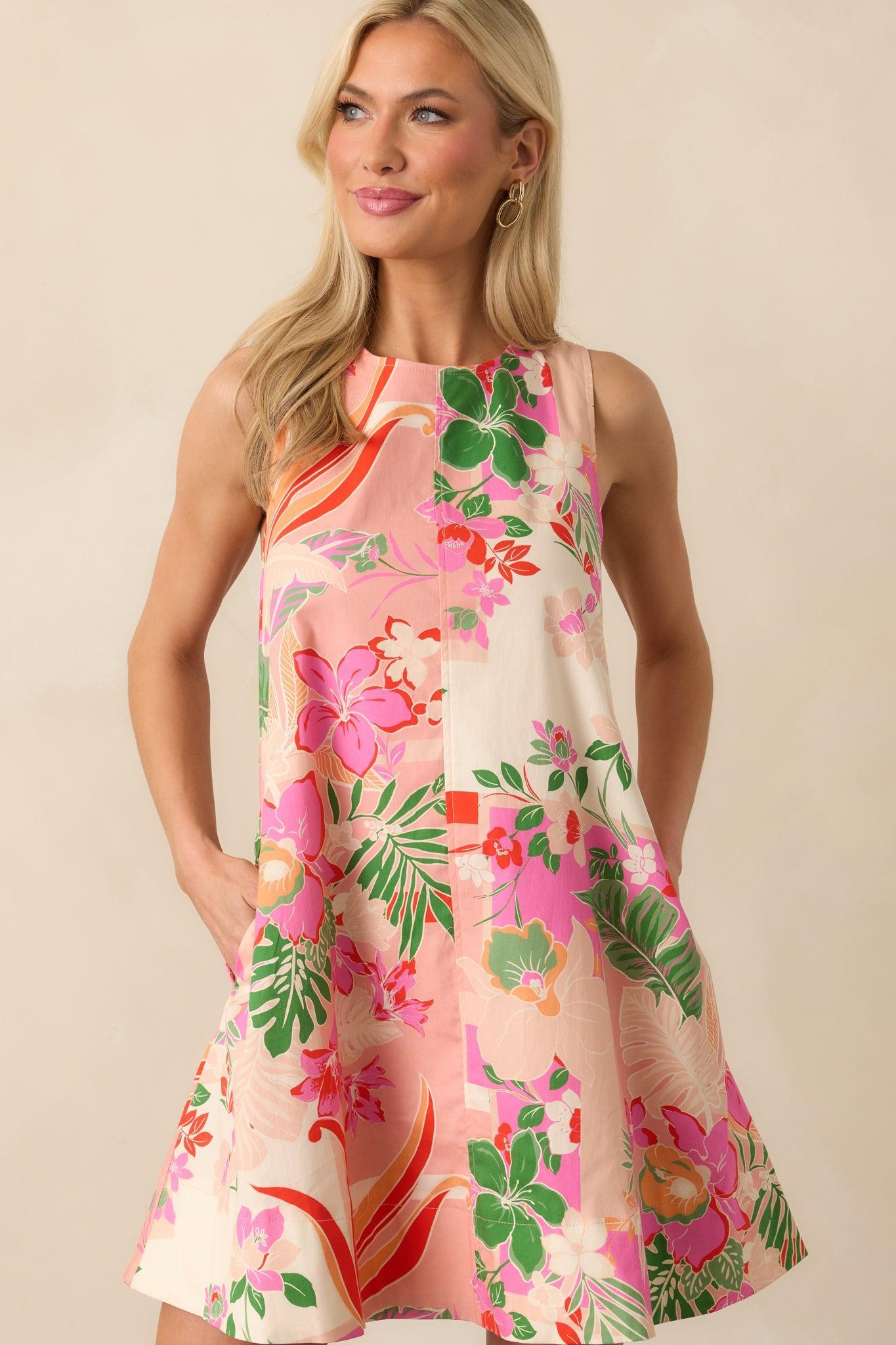 Glow From Within Pink Tropical Floral Cotton Mini Shift Dress Product Image