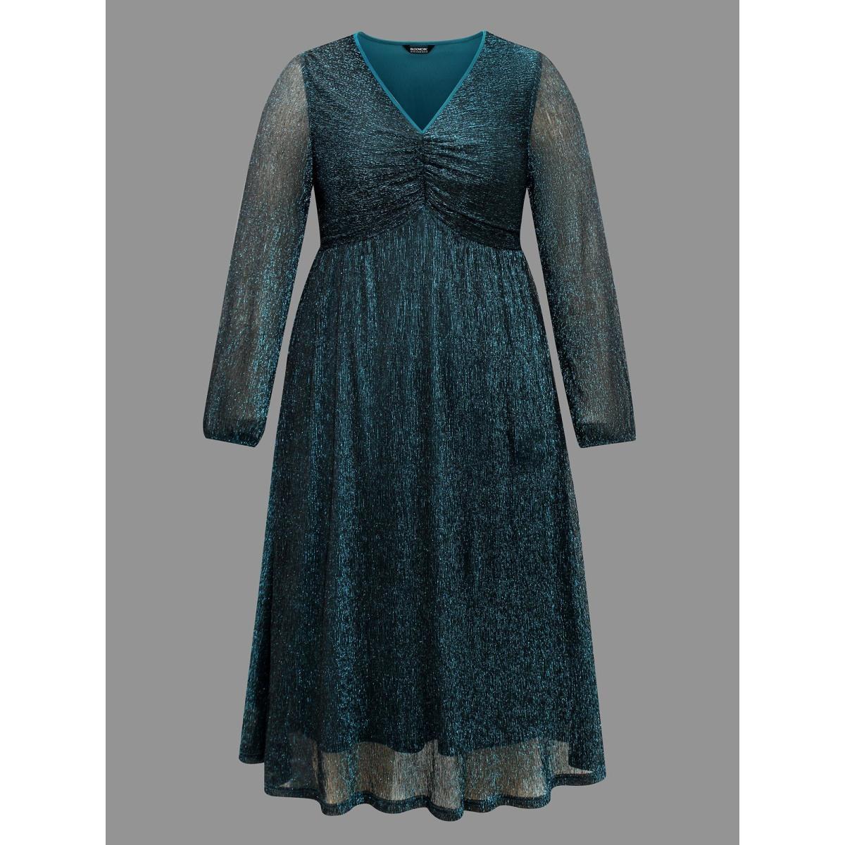 Plus Size Luxe V Neck Ruched Mesh Dress Aegean Women Cocktail Gathered Party Curvy Bloomchic 18-20/2X Product Image