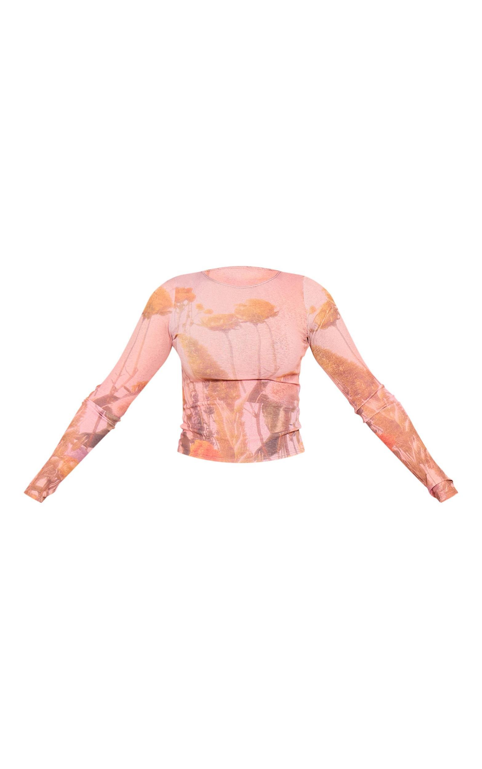 Pink Printed Burnout Mesh Long Sleeve Top Product Image