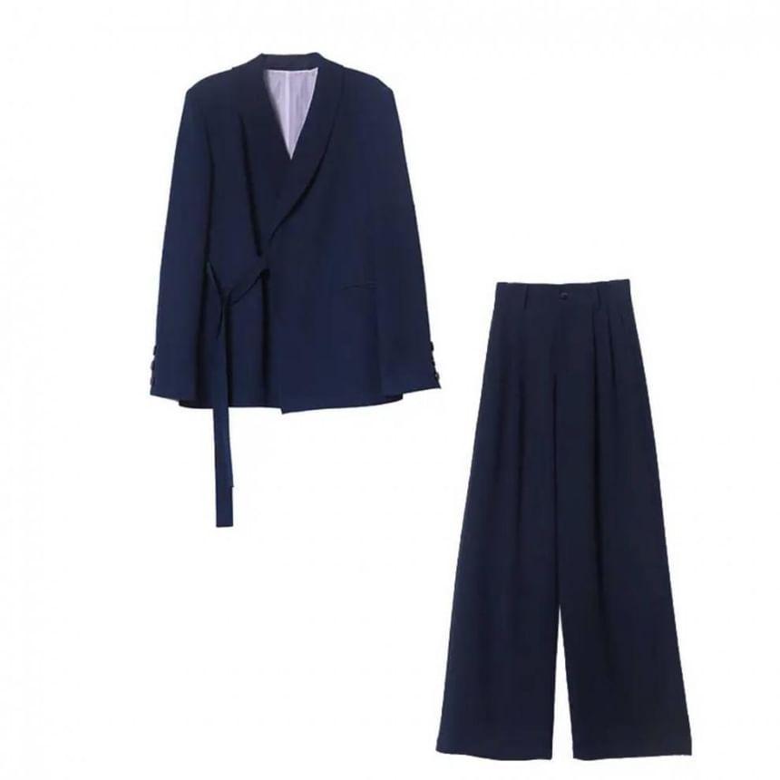 Set: Asymmetrical Plain Blazer + Wide Leg Dress Pants Product Image