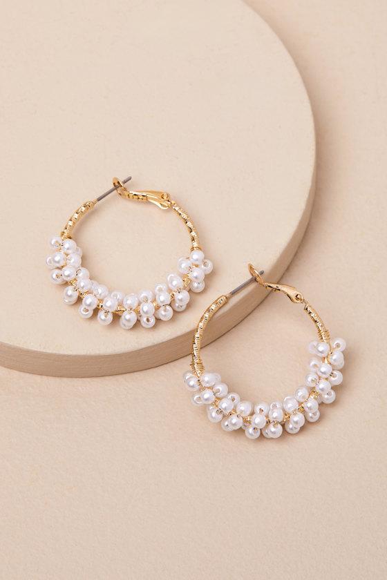 Rulanda Gold and White Pearl Hoop Earrings Product Image