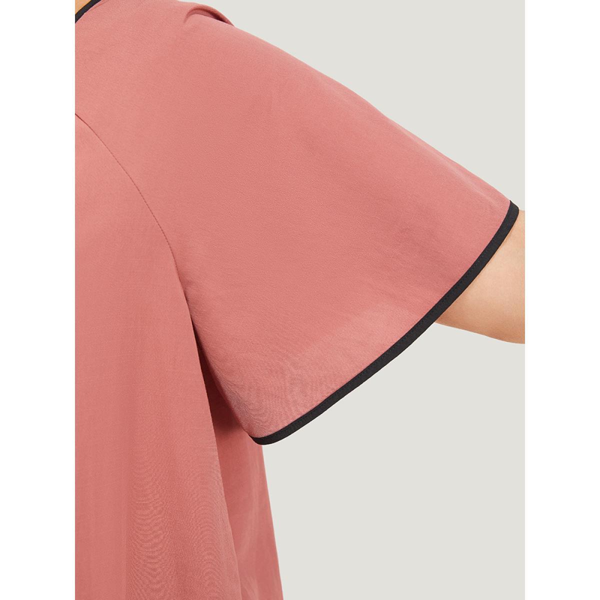 Plus Size Rouge Contrast Trim Plicated Detail Ruffle Sleeve Keyhole Blouse Women Elegant Short sleeve Keyhole Cut-Out Dailywear Blouses BloomChic 18-20/2X Product Image