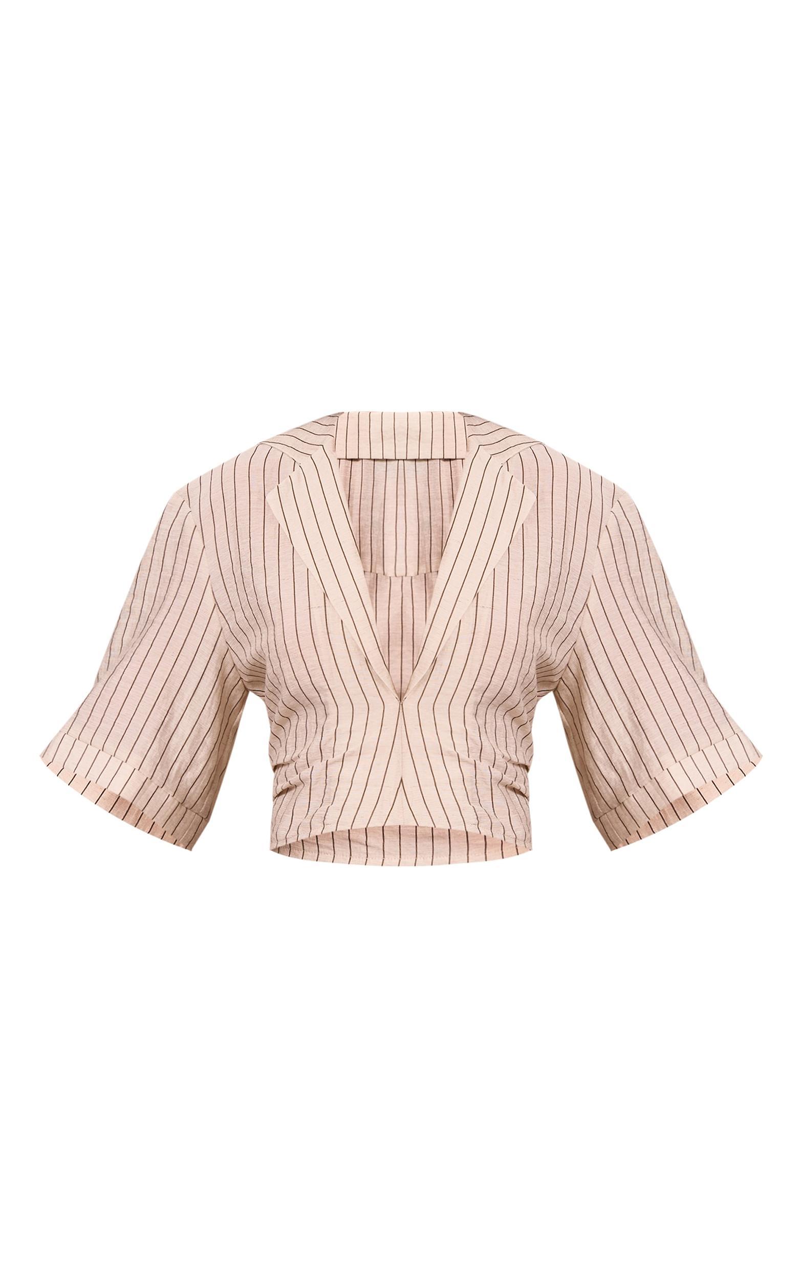 Stone Pinstripe Lightweight Woven Twist Cropped Shirt Product Image
