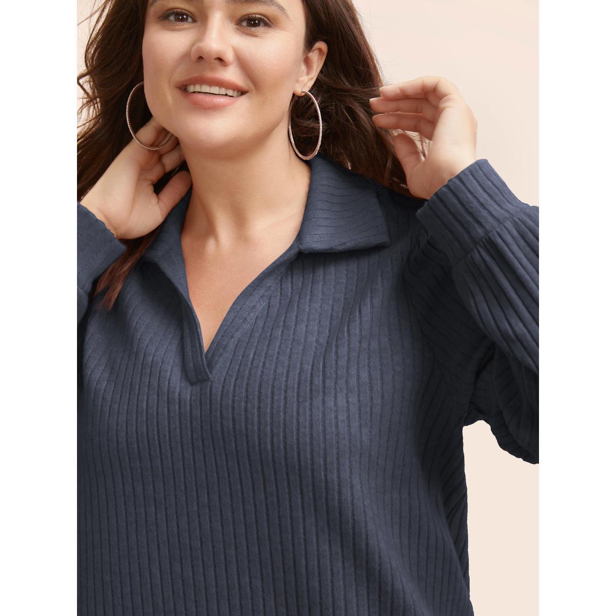 Plus Size Solid Pit Strip Stretch Sweatshirt Women Indigo Casual Texture V-neck Everyday Sweatshirts BloomChic 12/L Product Image