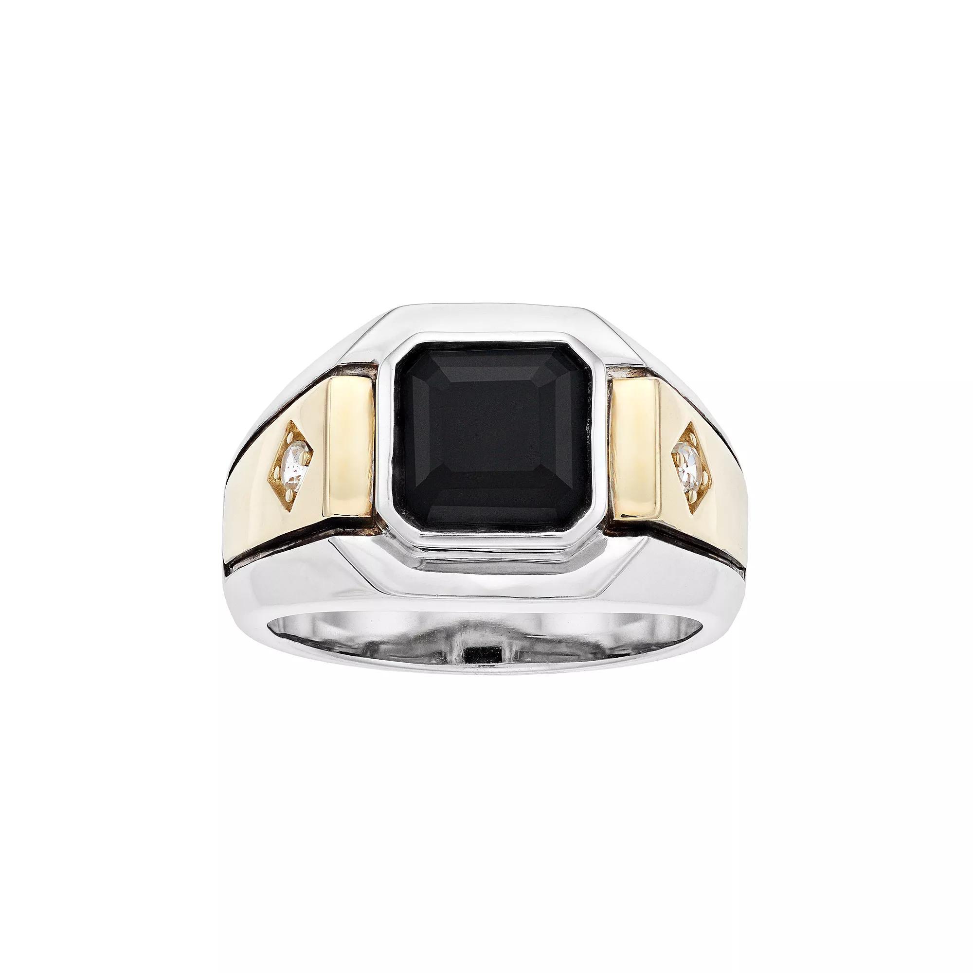 Men's Two Tone Sterling Silver Onyx & Lab-Created White Sapphire Ring, Size: 10 Product Image