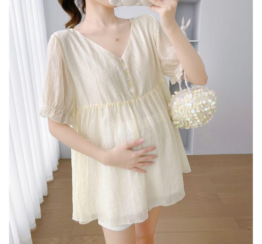 Maternity Puff-Sleeve V-Neck Plain Blouse / Shorts Product Image