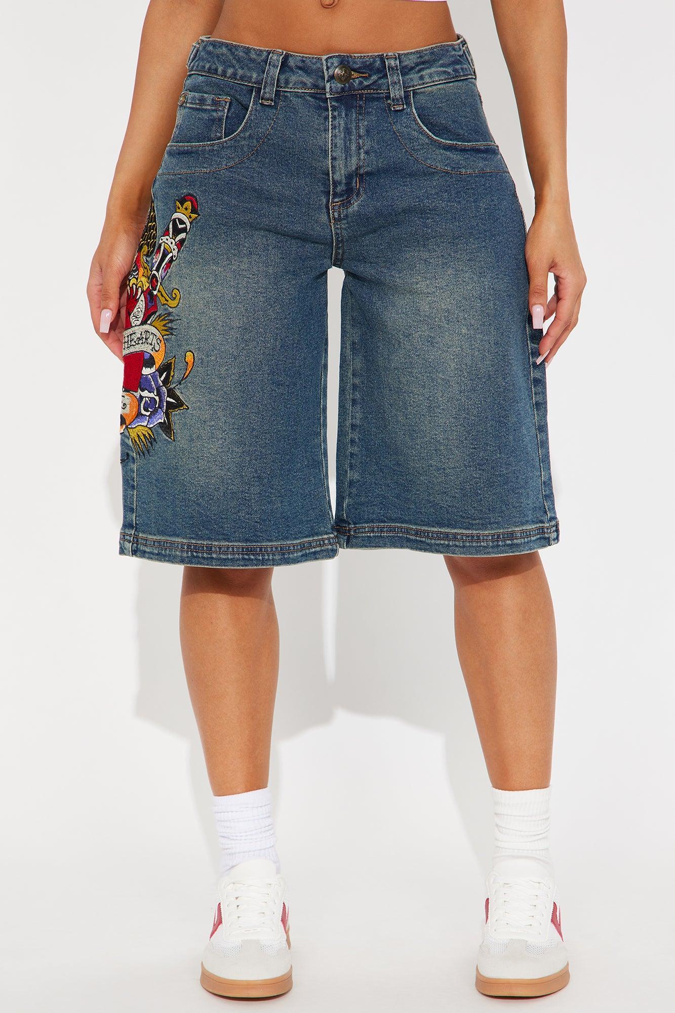 Ed Hardy Wings Of Love Baggy Denim Jorts - Medium Wash Product Image