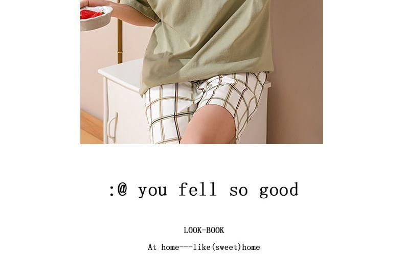 Couple Matching Pajama Set: Short-Sleeve Cartoon Print Padded T-Shirt + Plaid Shorts Product Image