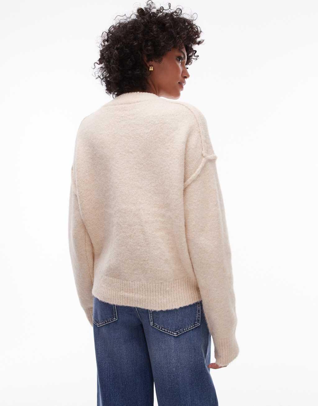 Topshop knit relaxed exposed seam crew cardigan with pockets in cream Product Image