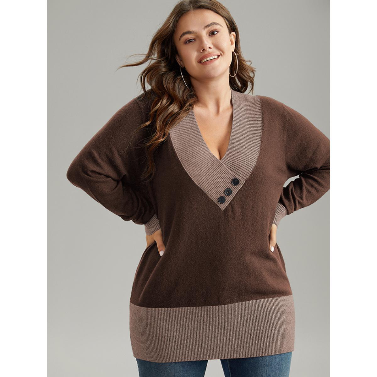 Plus Size Supersoft Essentials Contrast Deep V Neck Button Detail Pullover DarkBrown Women Casual Long Sleeve Deep V-neck Everyday Pullovers BloomChic 26/4X Product Image