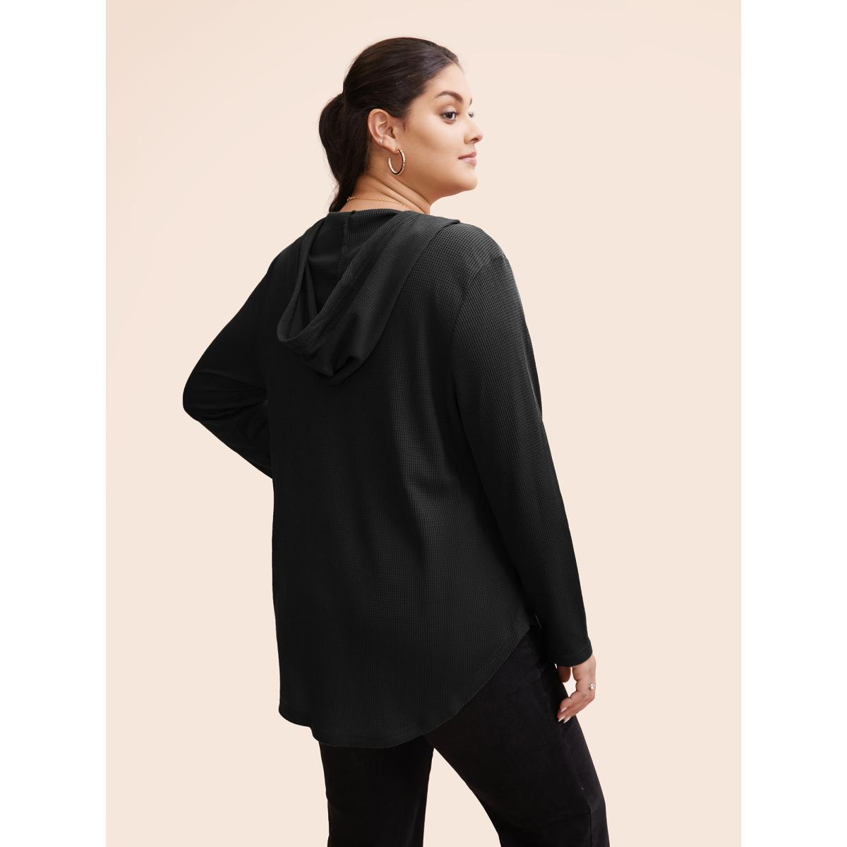 Plus Size Waffle Knit Pocket Hooded Drawstring Arc Hem T-shirt Black Women Casual Texture Plain Hooded Everyday T-shirts BloomChic 28/5X Product Image