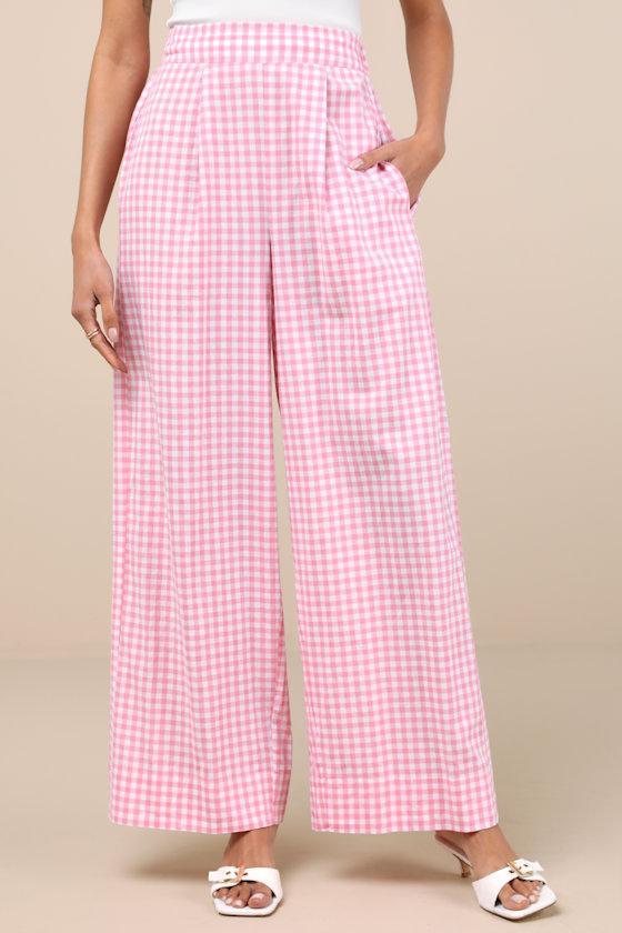 Delphine Pink and White Gingham Wide-Leg Pants Product Image