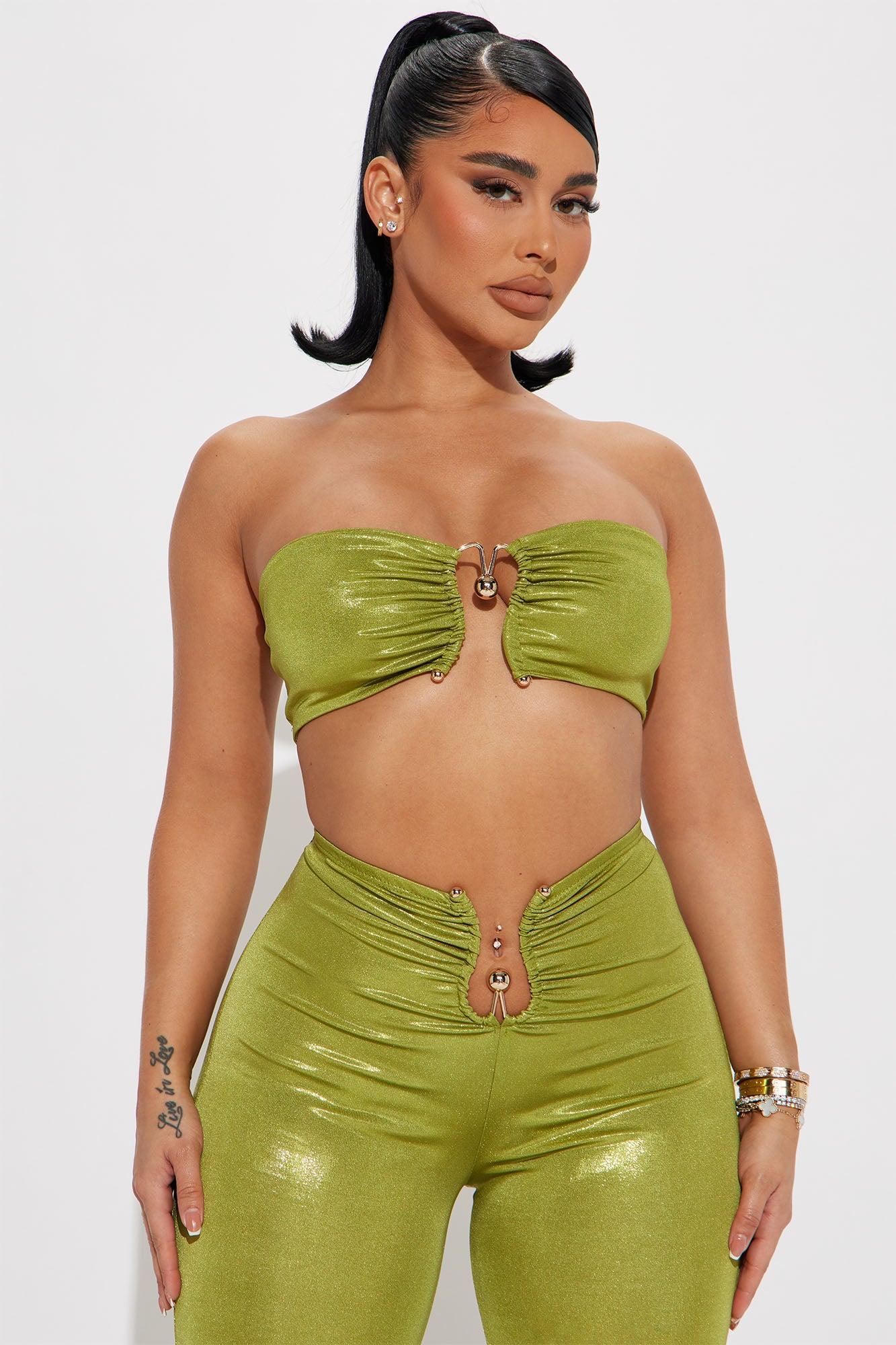By Your Side Mettalic Pant Set - Chartreuse Product Image