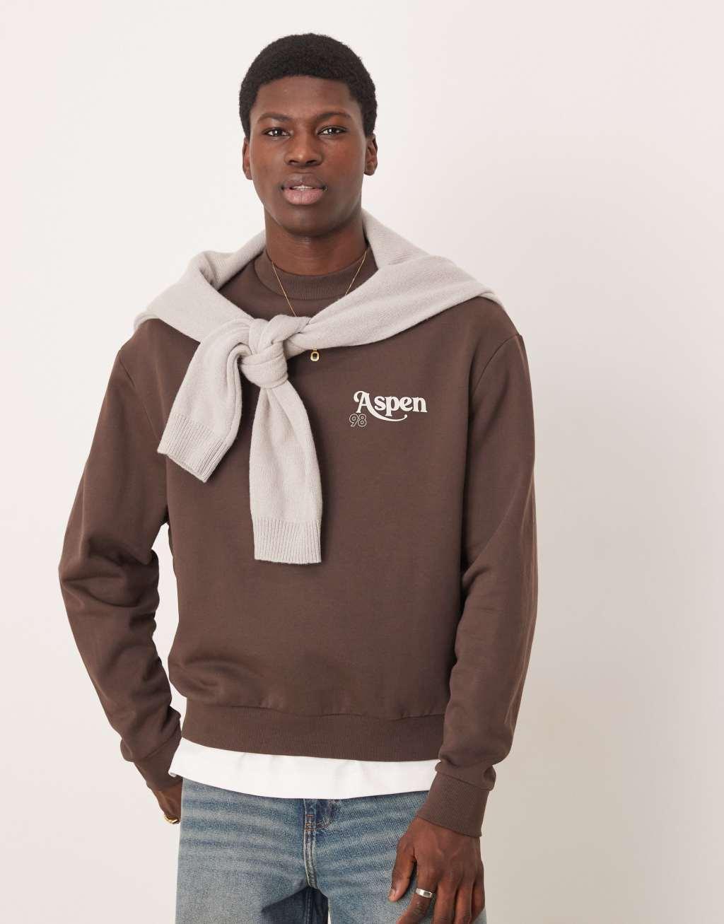 ASOS DESIGN boxy oversized sweatshirt with scenic print in brown Product Image
