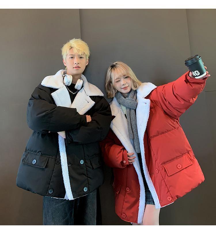 Couple Matching Collared Fleece-Lined Button Puffer Jacket Product Image