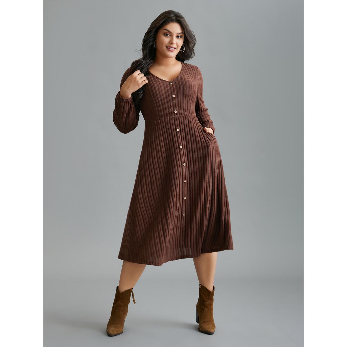 Plus Size Stretchy Waist Defining Knit Midi Dress Rust Women Casual Texture Knit Dresses Bloomchic 26/4X Product Image