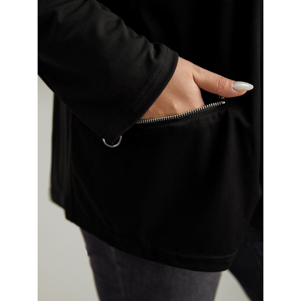 Plus Size Lapel Collar Zipper Pocket Blazer Black Women Dailywear Zipper Sleeve Long Sleeve Non 12/L Pocket Casual Blazers BloomChic Product Image