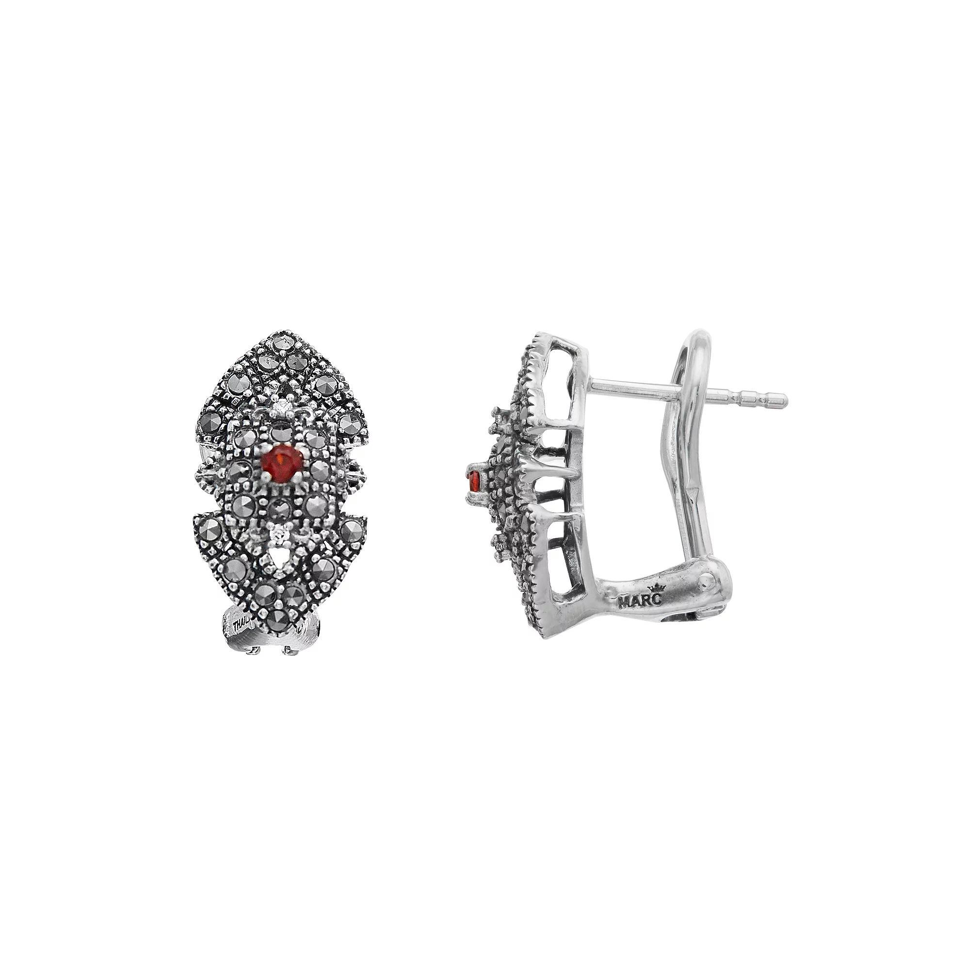 Lavish by TJM Sterling Silver Garnet, Marcasite & Cubic Zirconia Omega Earrings, Women's Product Image