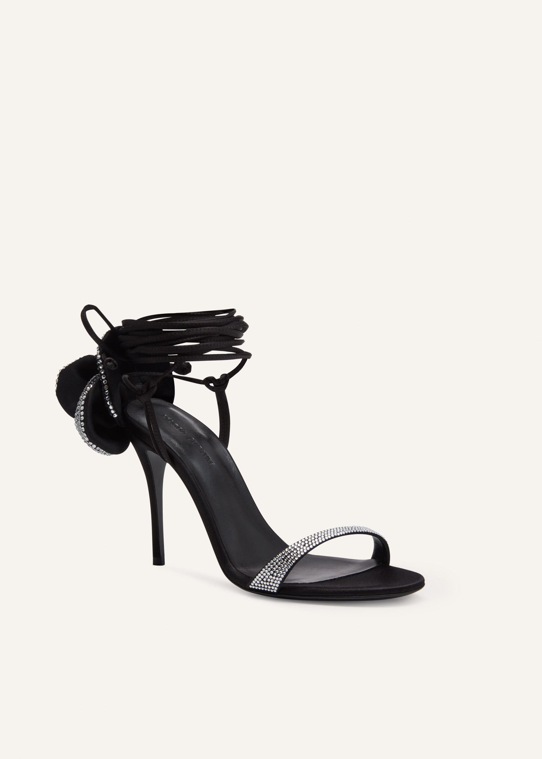 Flower wrap around black satin heeI sandals with strass Product Image