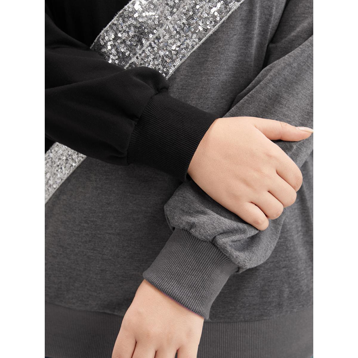 Plus Size Colorblock Contrast Sequin Drop Shoulder Sweatshirt Women DimGray Casual Contrast Round Neck Dailywear Sweatshirts BloomChic 30/6X Product Image