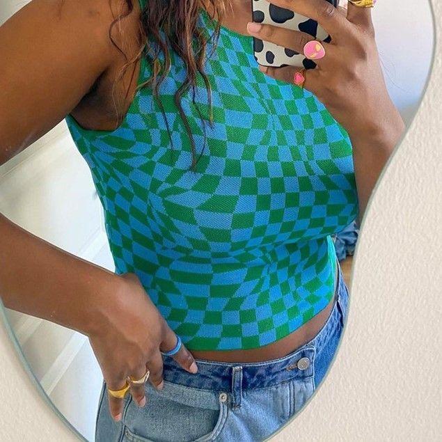 Crew-Neck Psychedelic Check Print Knit Crop Tank Top Product Image