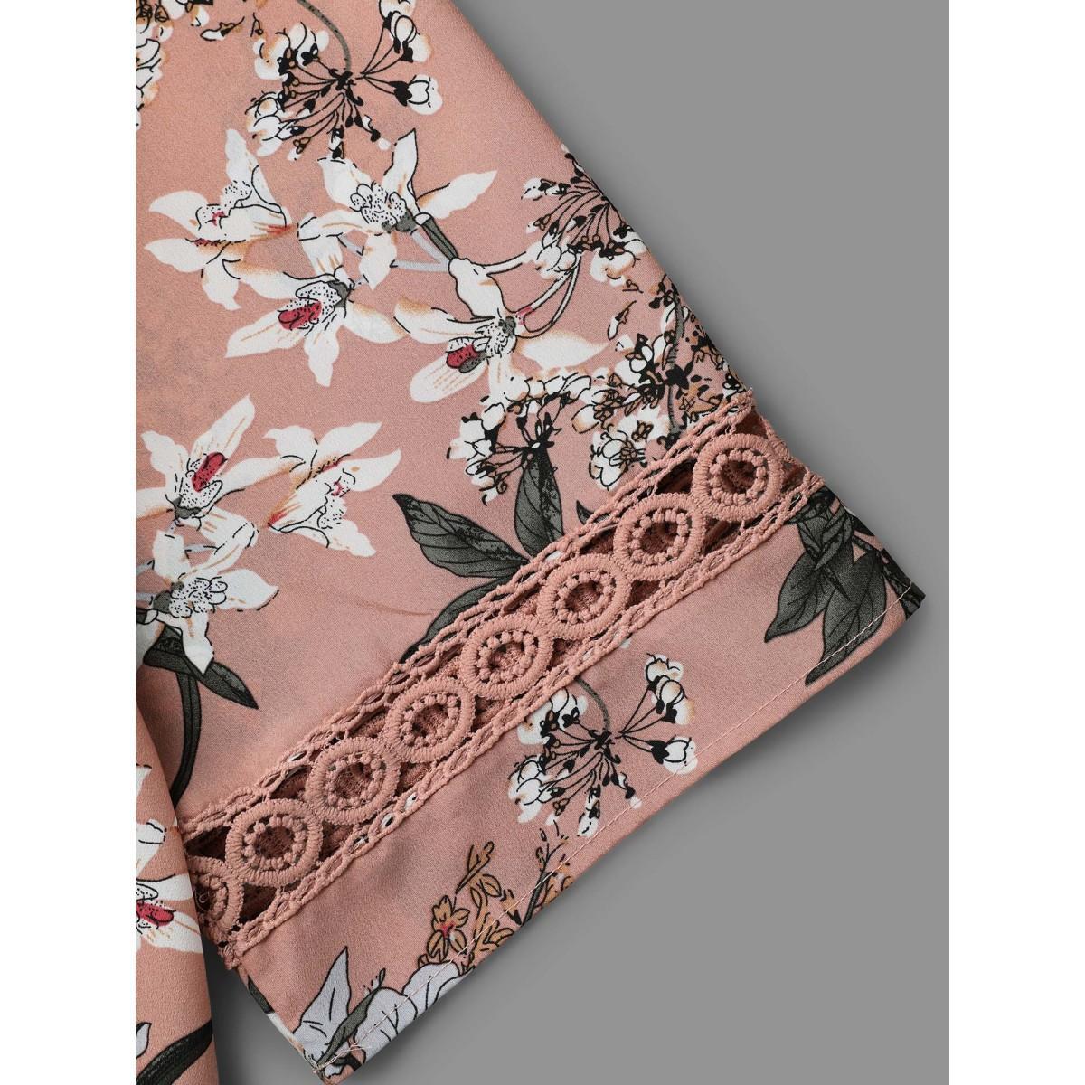 Plus Size Dirtypink Blooming Flower Print Webbing Spliced Blouse Women Elegant Elbow-length sleeve V-neck Everyday Blouses BloomChic 10/M Product Image
