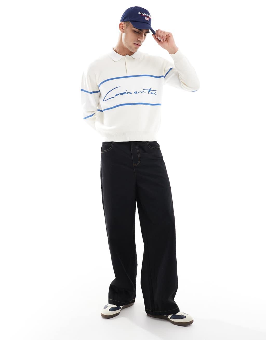 Pull&Bear knitted retro polo in ecru Product Image