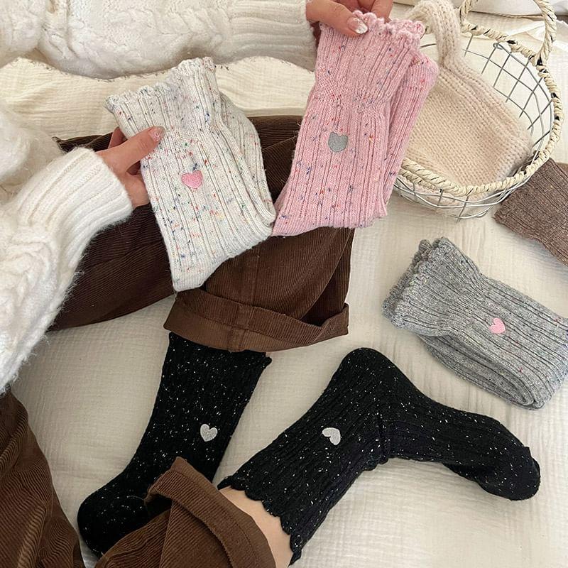 Heart Embroidered Ribbed Socks / Set Product Image