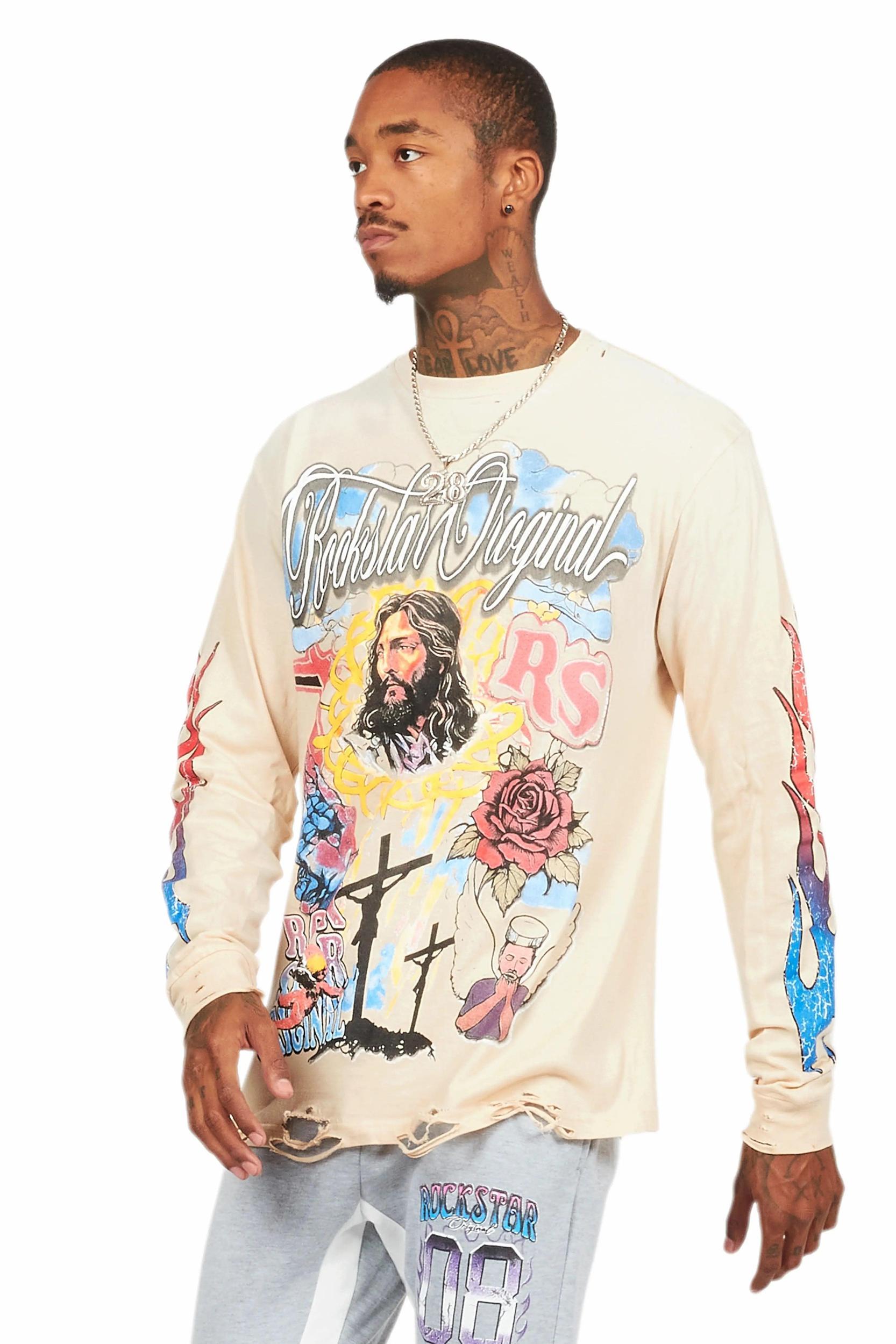 Tadashi Beige Long Sleeve Graphic T-Shirt Male Product Image