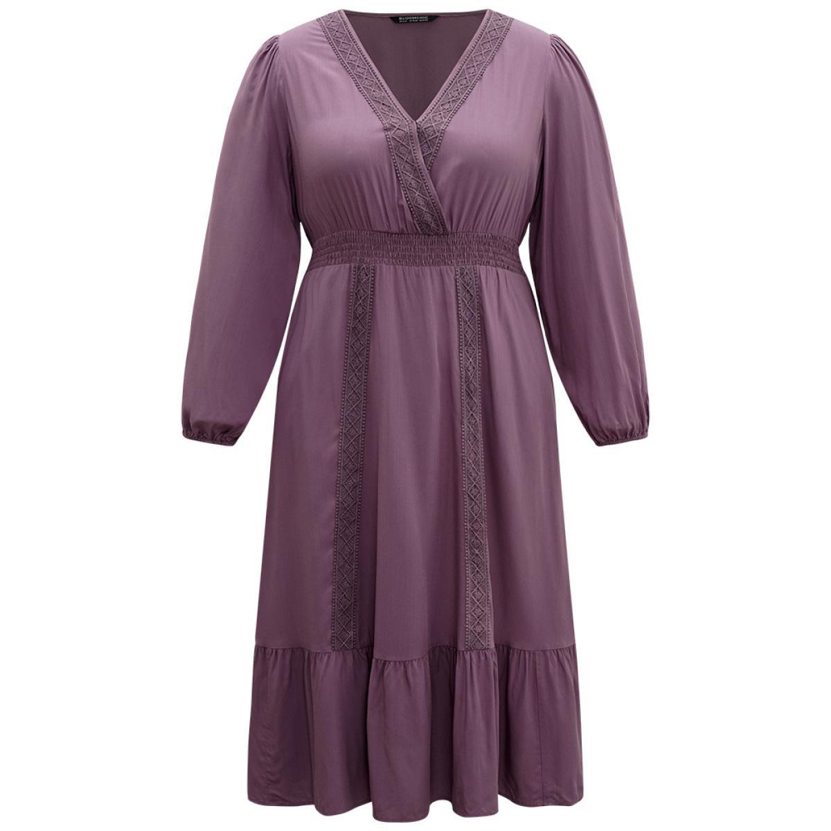 Plus Size Solid Eyelet Lace Shirred Wrap Flutter Hem Dress Mauve Women Elegant Elastic cuffs V-neck Long Sleeve Curvy Midi Dress BloomChic 30/6X Product Image