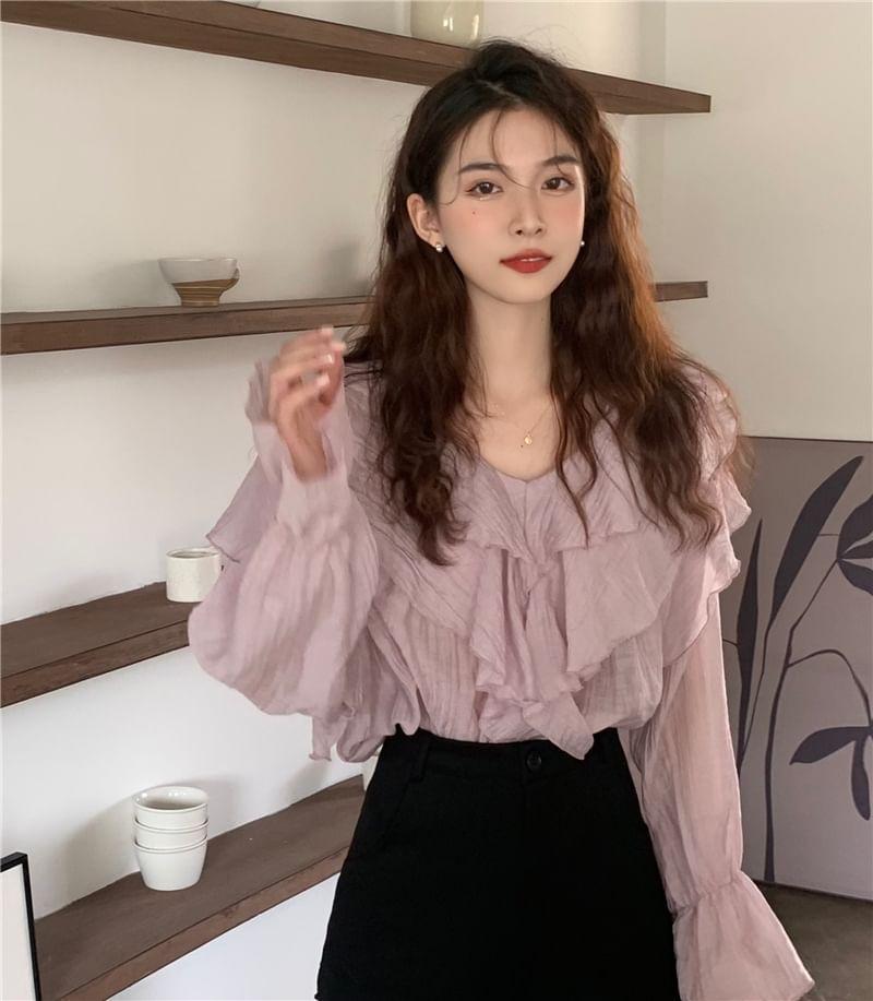 Ruffle Sleeve V-Neck Plain Ruffle Blouse Product Image