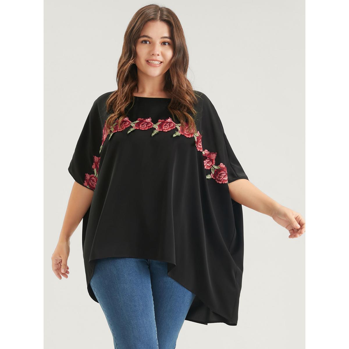 Plus Size Black Plain Ruffles Asymmetrical Hem Dolman Sleeve Embroidered Blouse Women Casual Half Sleeve Round Neck Dailywear Blouses BloomChic 18-20/2X Product Image