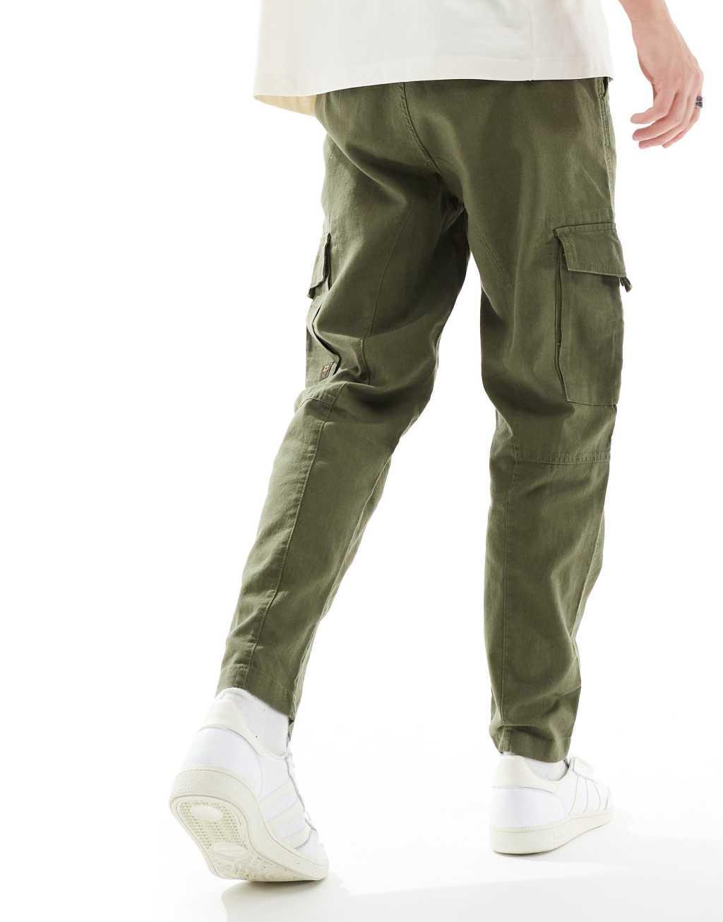 Only & Sons linen mix tapered cargo pants in olive Product Image