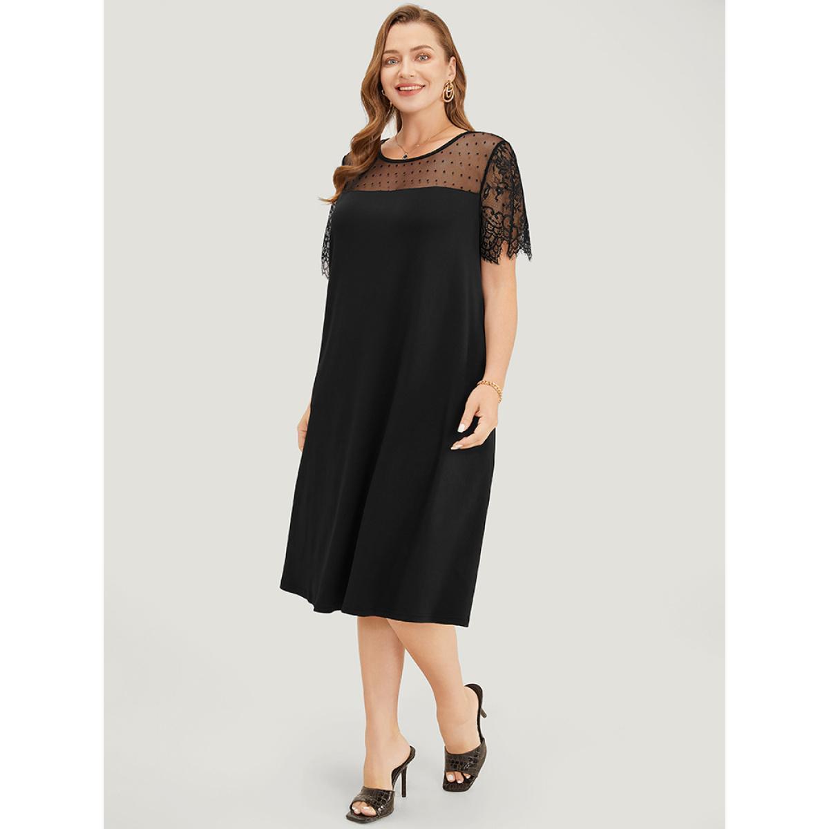 Plus Size Plain Pocket Lace Mesh Patchwork Dress Black Women Elegant Patchwork Round Neck Short sleeve Curvy Midi Dress BloomChic 28/5X Product Image