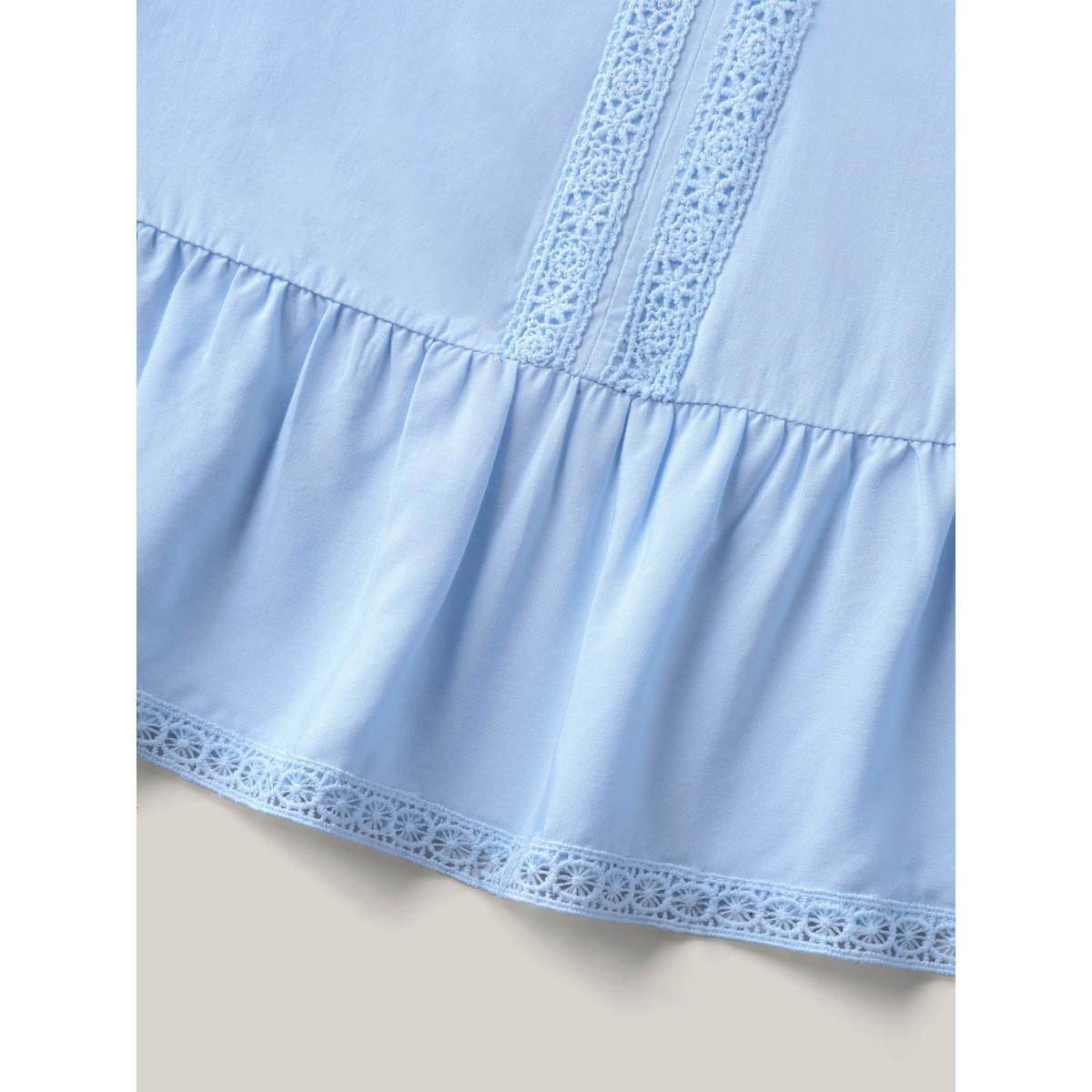 Plus Size LightBlue Rayon Lace Trim Spliced Blouse Women Short sleeve V-neck Vacation Blouses BloomChic 12/L Product Image