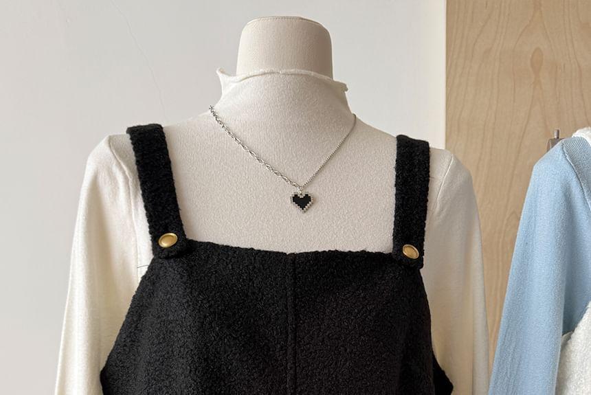 Set: Long-Sleeve Mock Neck Plain T-Shirt + Plain Mini Pinafore Dress Product Image