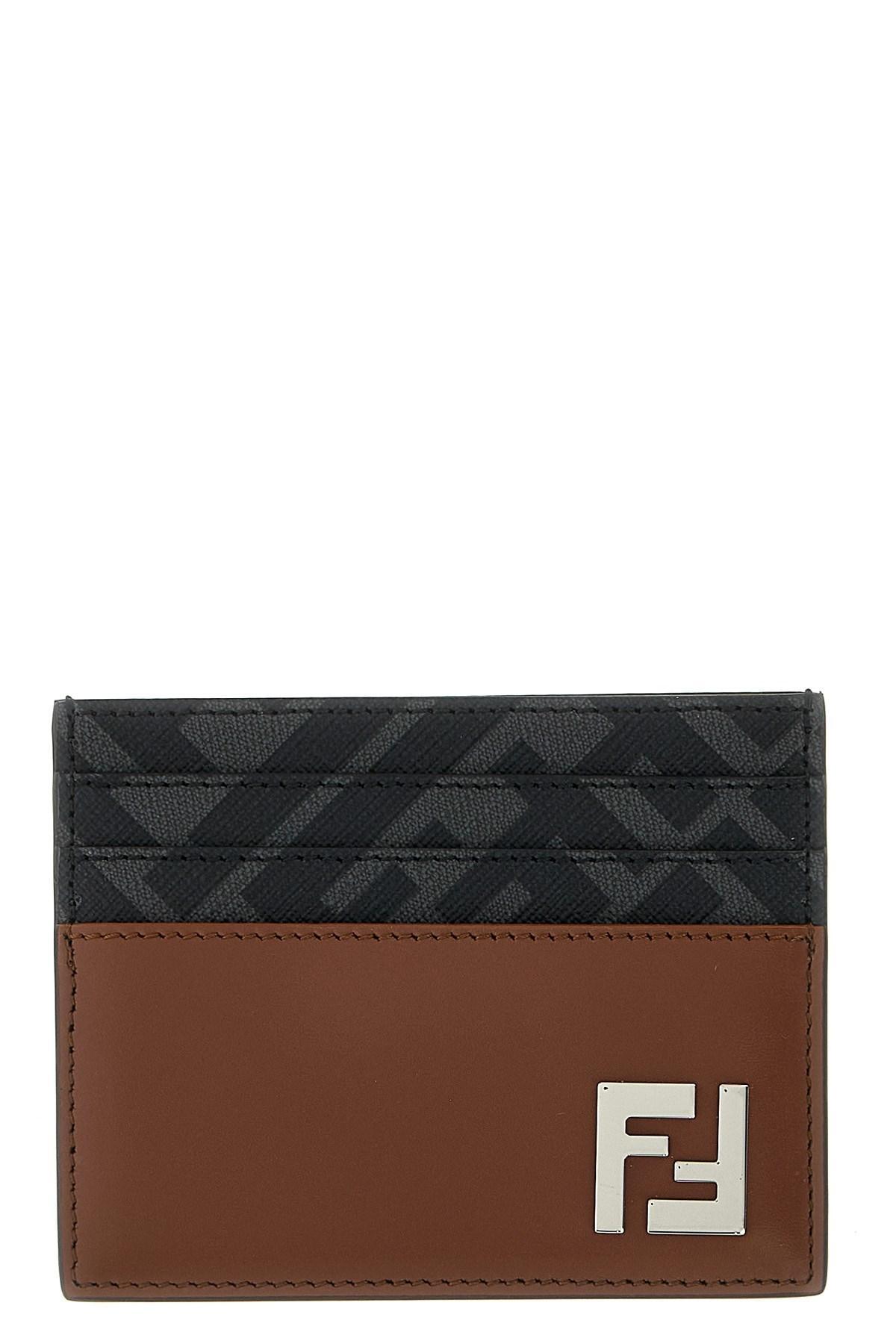 FENDI Leather And Ff Canvas Squared Card Holder In Brown Product Image
