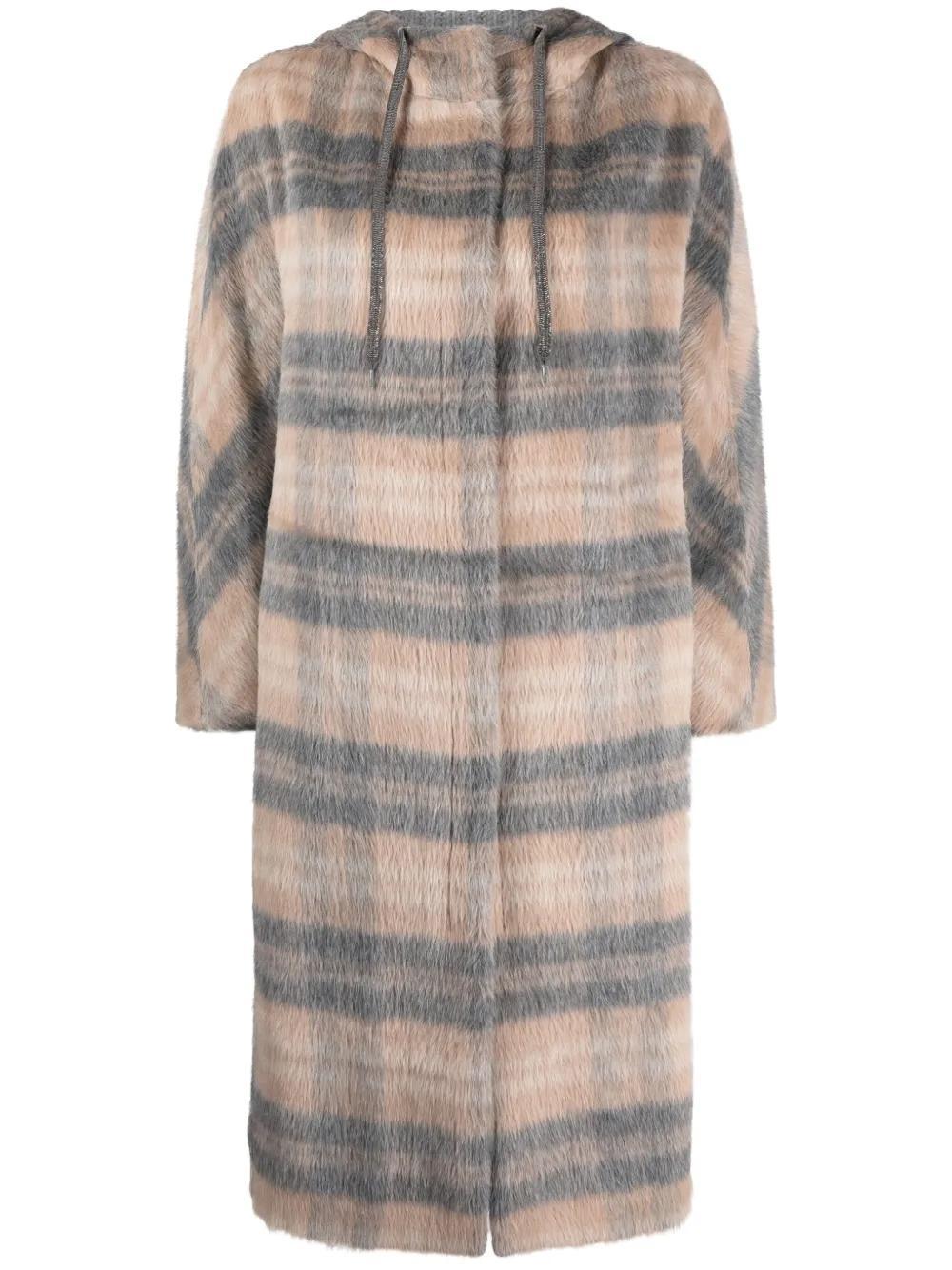 FABIANA FILIPPI Brushed Plaid-check Hooded Coat In Grey Product Image
