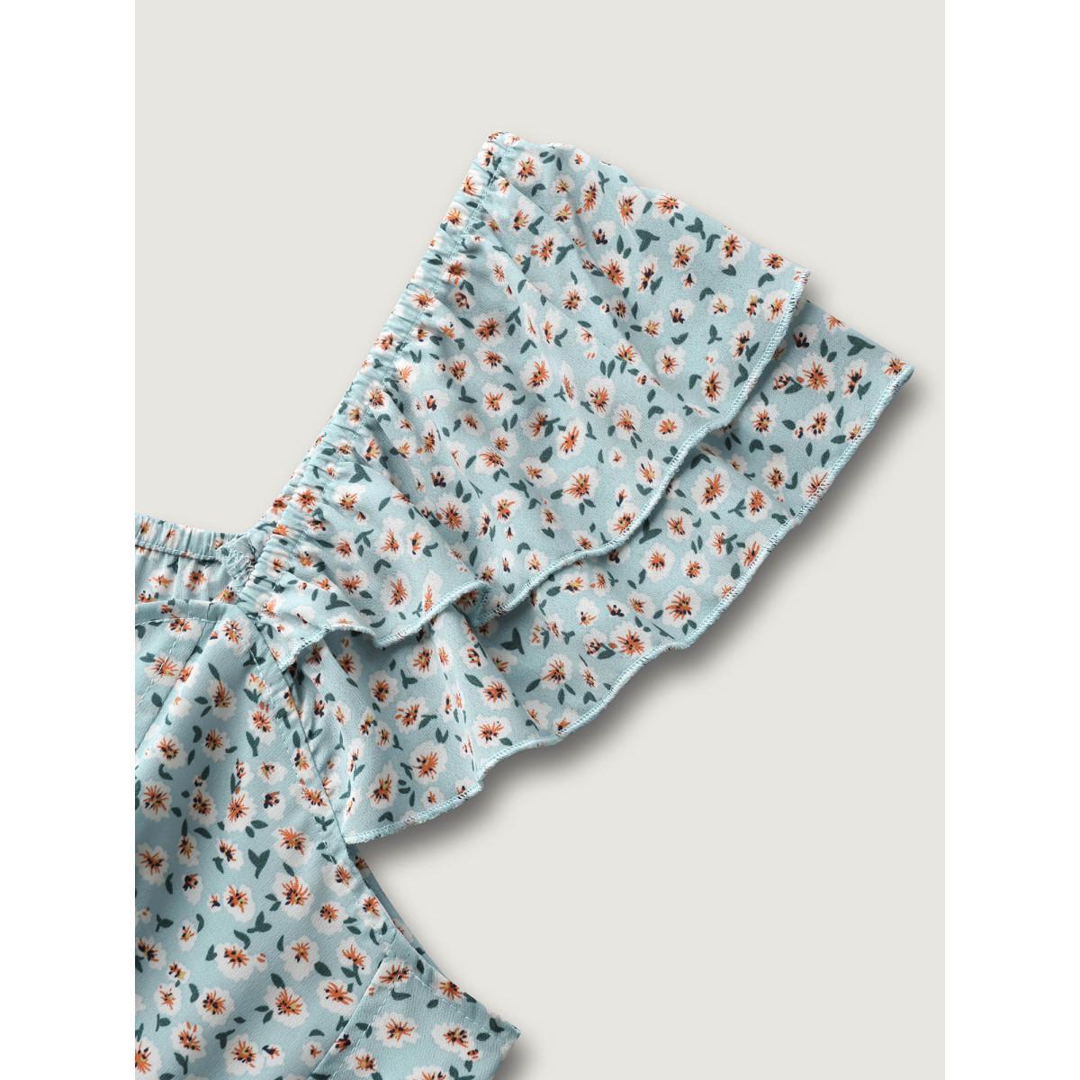 Plus Size Ditsy Floral Print Layered Ruffle Midi Dress Skyblue Women Slit Heart neckline Cap Sleeve Curvy BloomChic 22-24/3X Product Image