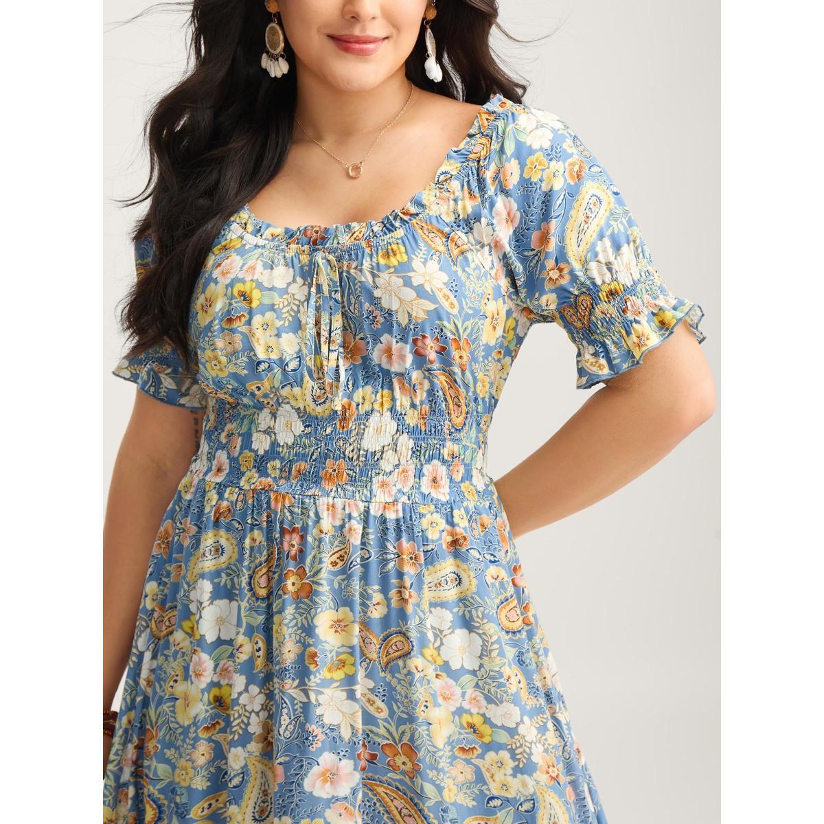 Plus Size Rayon Paisley Ruffled Shirred Waist Midi Dress Skyblue Women Square Neck Short sleeve Curvy BloomChic 26/4X Product Image