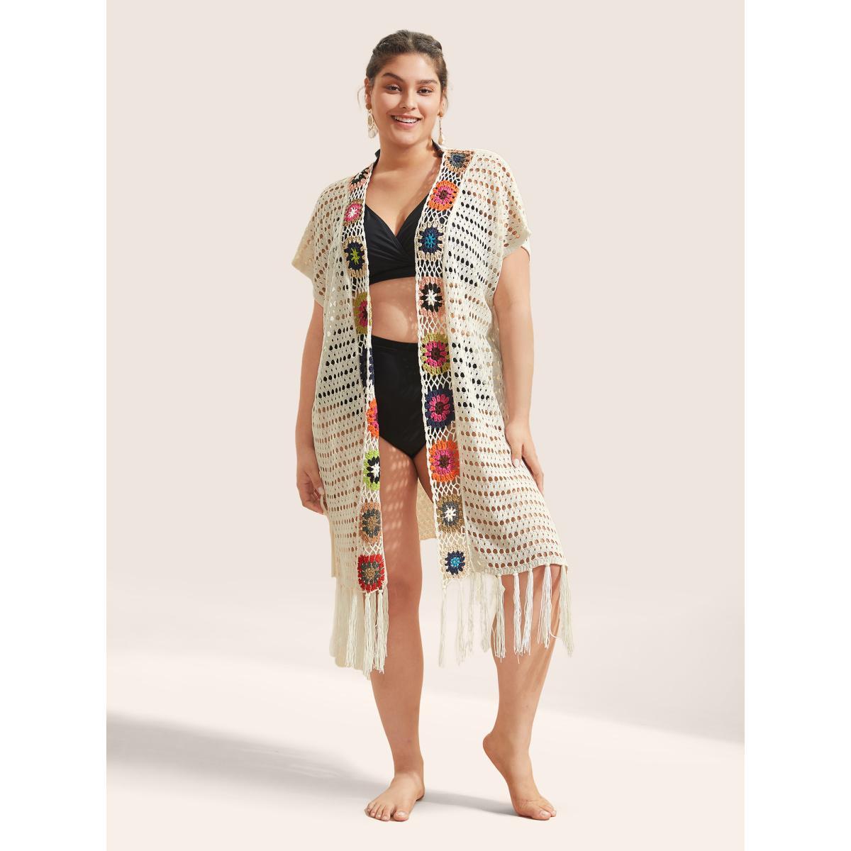 Plus Size Floral Cut Out Tassels Hem Mesh Swim Cover Up Women's Swimwear Ivory Beach Crochet Curve Swim Cover Ups BloomChic 10/M Product Image