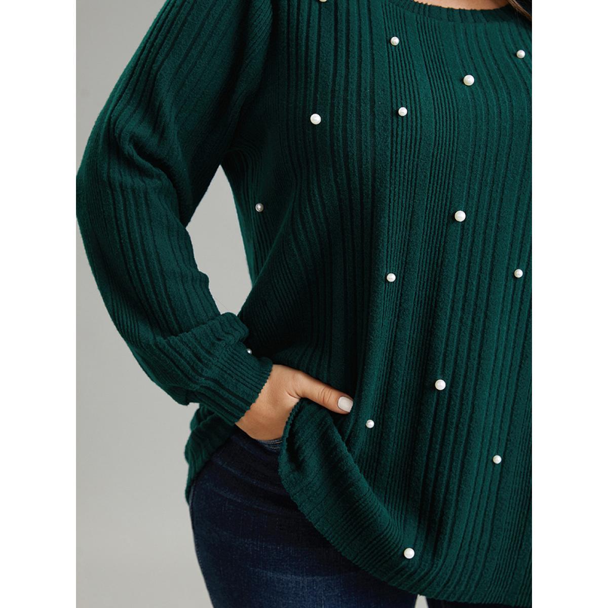 Plus Size Plain Rib Knit Pearl Beaded Sweatshirt Women DarkGreen Elegant Texture Round Neck Dailywear Sweatshirts BloomChic 28/5X Product Image